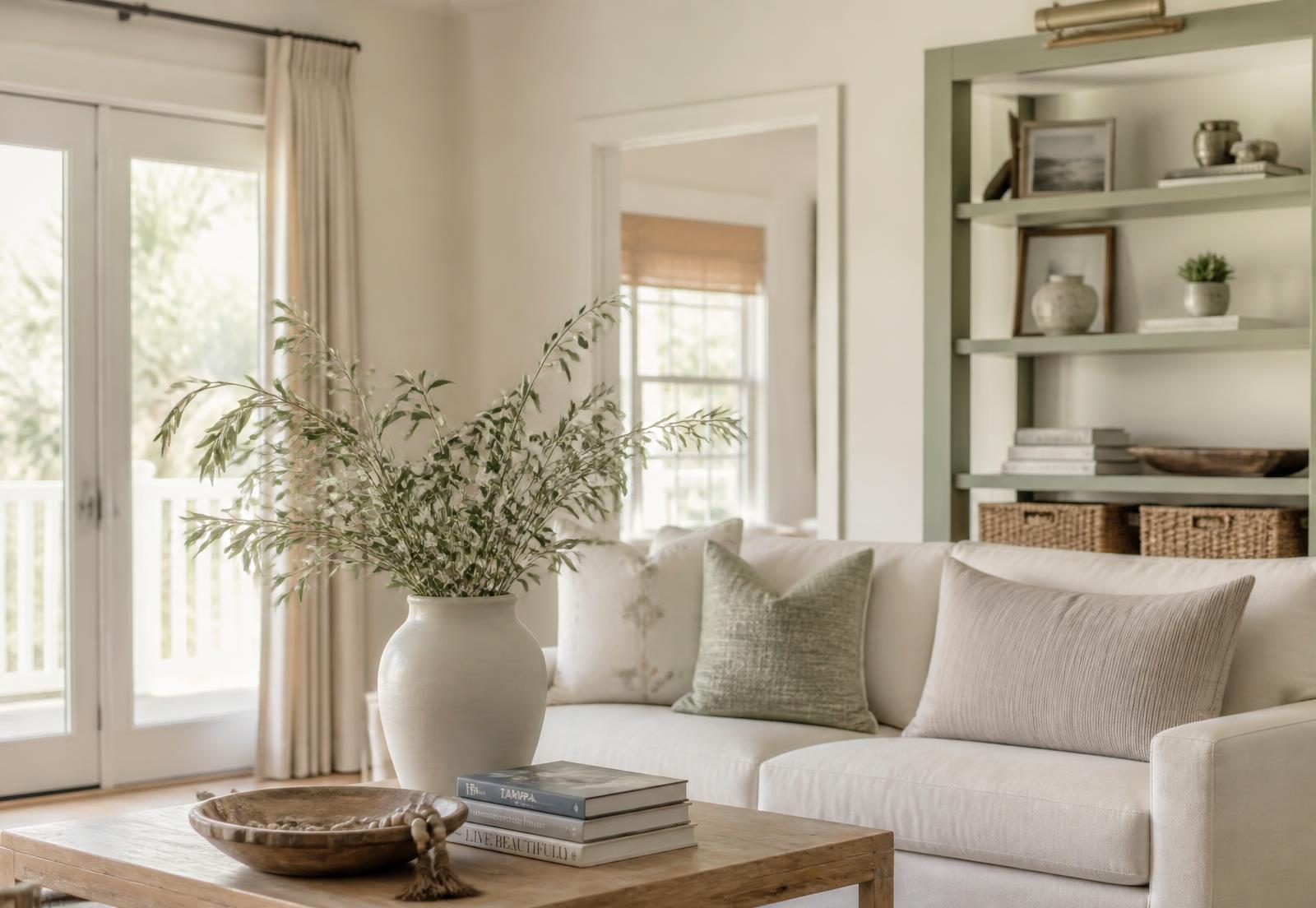 Calm, organized living room in a Tampa home